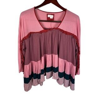 Anthropology Meadow Rue Pink Ruffle Tiered V Neck Long Sleeve Tunic Top Size XS